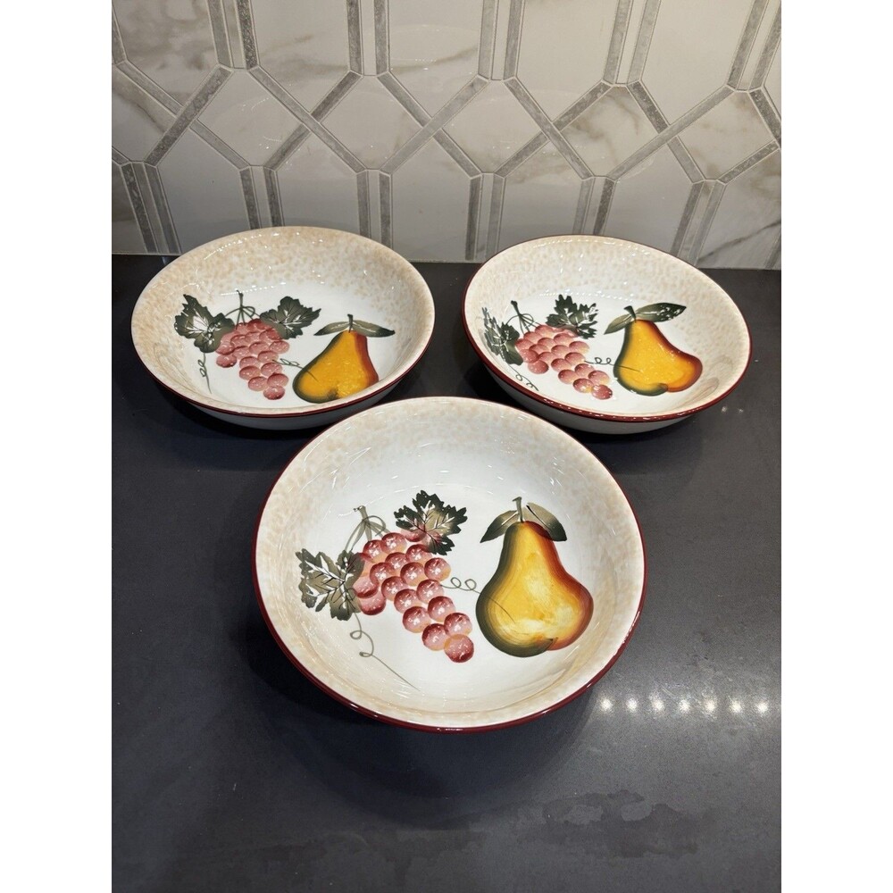 Pier 1 Imports Set Of Three (3) Bowls Dolomite Hand Painted Fruit Pears & Grapes